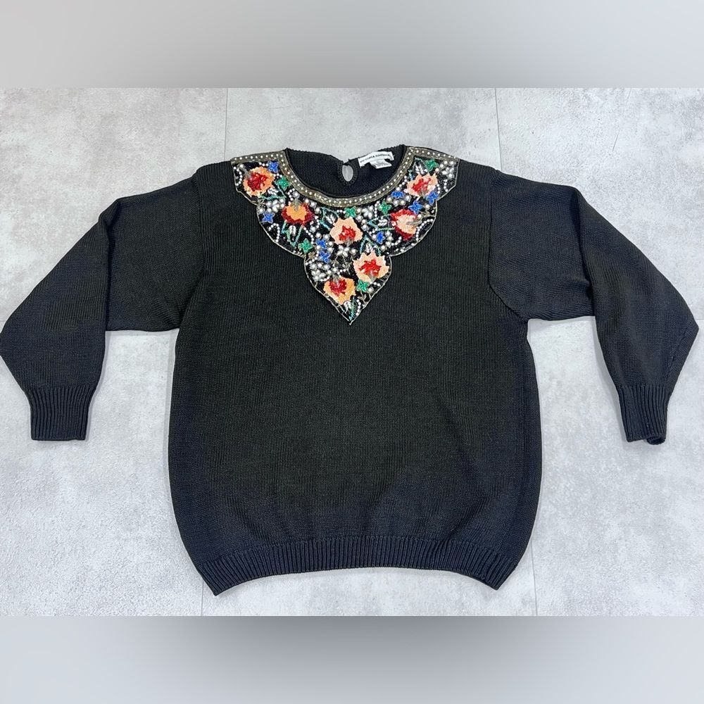 VTG 80s Victoria Harbour Black
Embroidered Rhinestone‎ Flowers Sweater Sz L